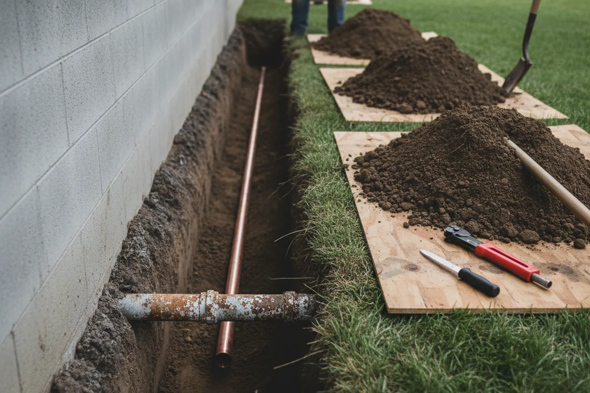 Excavated water line trench during Sewer Line Repair in Hillsboro